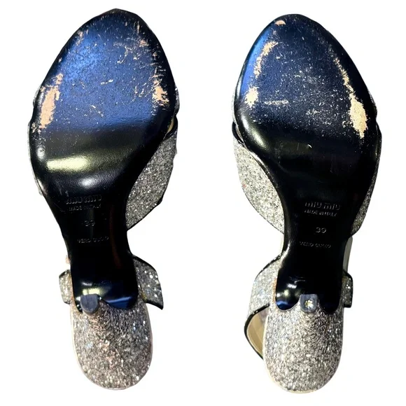 MIU MIU 2006 RUNWAY SILVER GLITTER STILETTO SANDALS w/CRYSTAL EMBELLISHMENTS